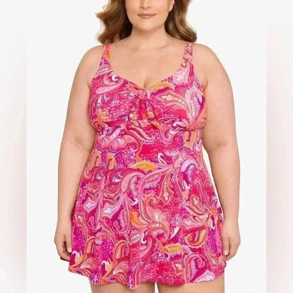 Swim Solutions Other - Swim Solutions Plus Size Printed Tummy-Control Bow-Front Swimdress